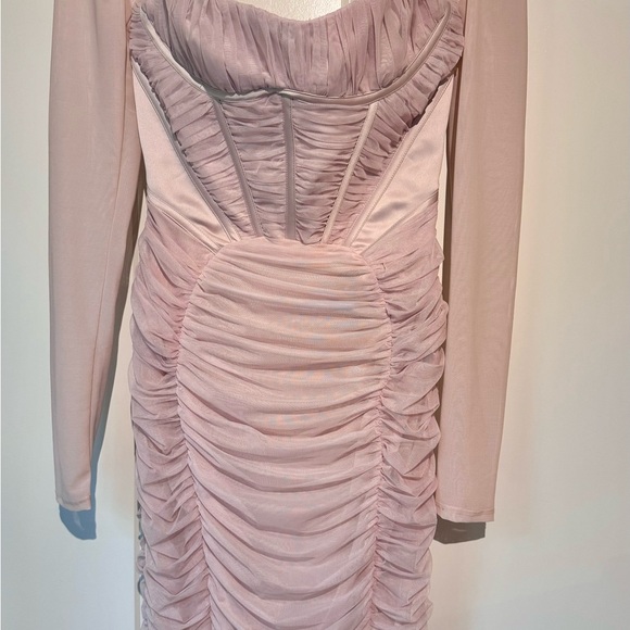 House of CB Freyja Satin Ruched Long Sleeve Body-Con Dress Pink M reg cup - Picture 12 of 12